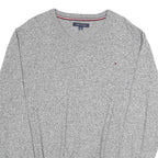 TOMMY HILFIGER Mens Grey Plain Cotton Jumper V-Neck Basic Knit 2XL Casual