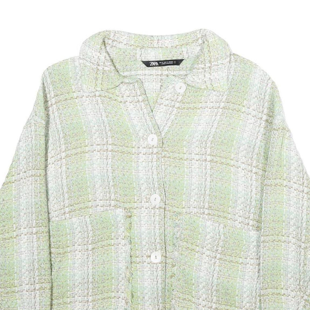 ZARA Womens Green & White Button Jacket M Cotton Blend Check Pattern Stylish