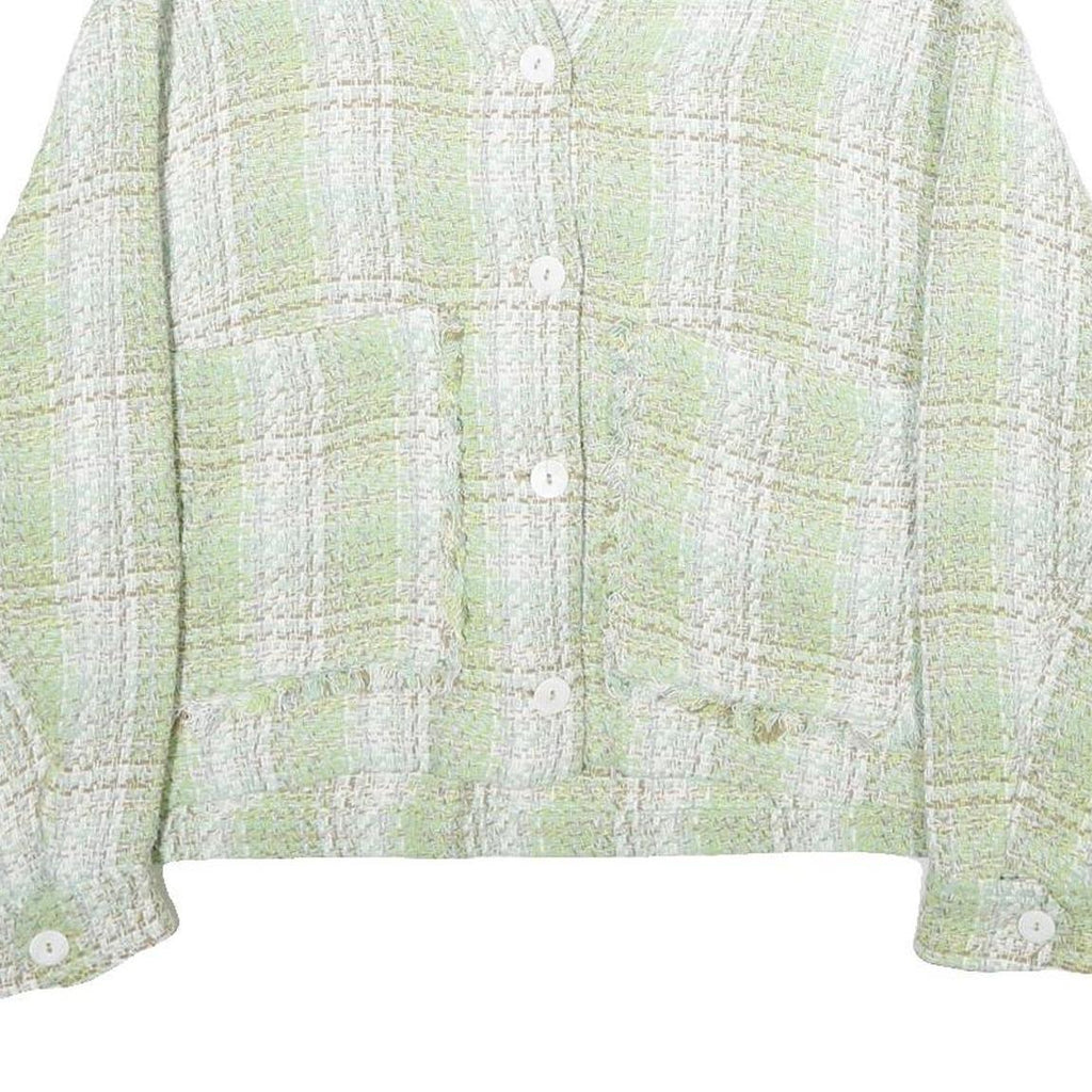 ZARA Womens Green & White Button Jacket M Cotton Blend Check Pattern Stylish