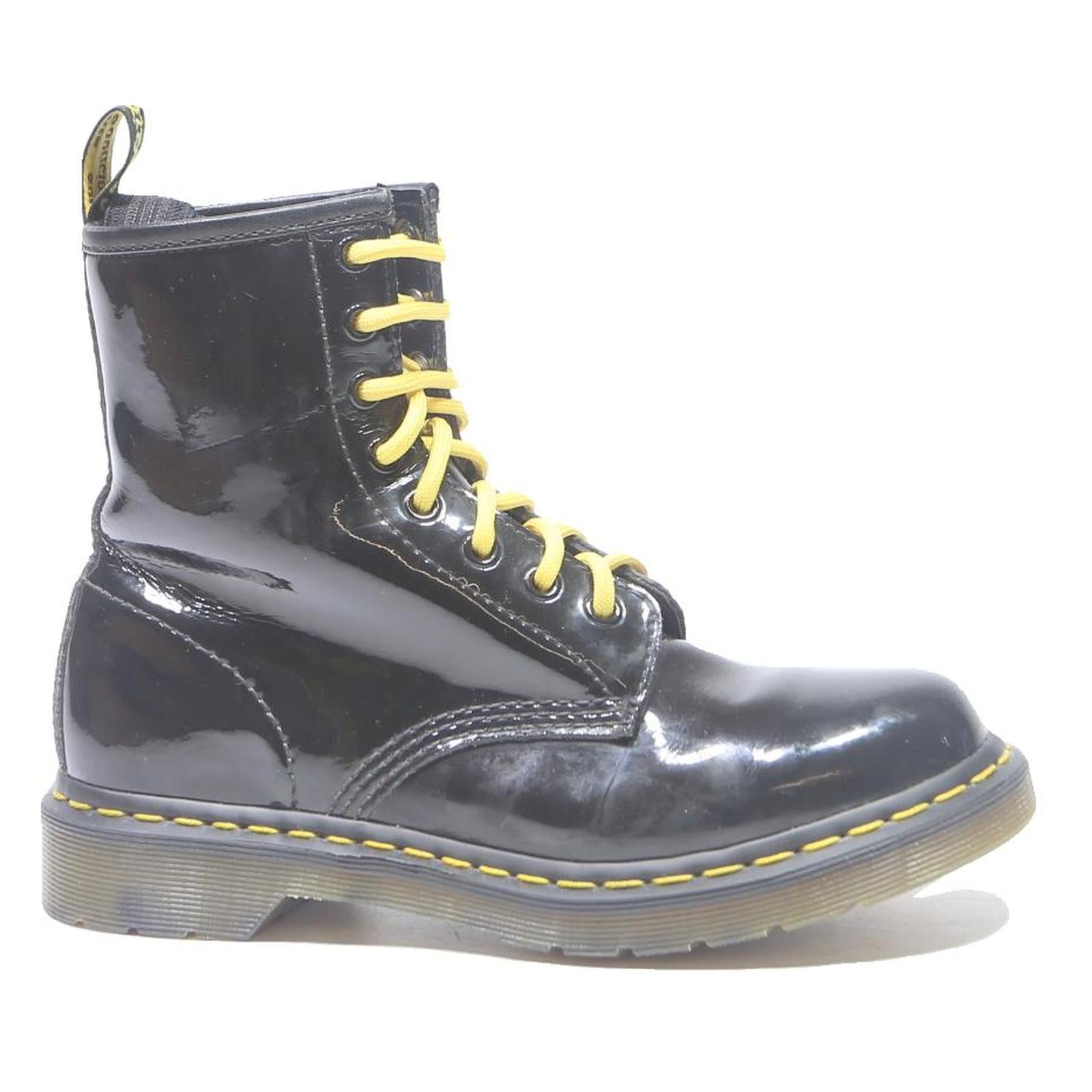 DR MARTENS 1460 Womens Black Leather Ankle Boots UK 5 Yellow Stitching Lace-Up