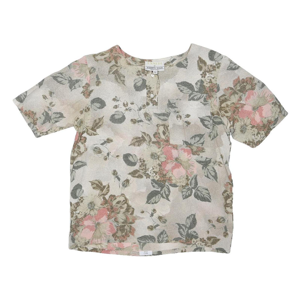 EN NEDI BY ROBERTO NALDI Womens Cream & Pink Floral Blouse Short Sleeve Round