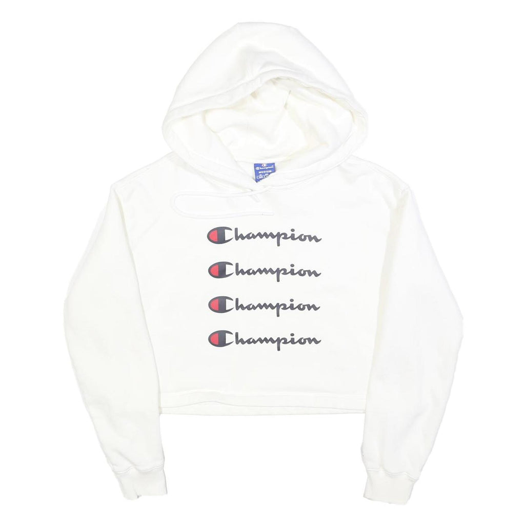 CHAMPION Womens White Crop Hoodie M Cotton Blend Pullover Logo Sweatshirt