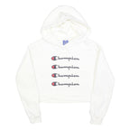 CHAMPION Womens White Crop Hoodie M Cotton Blend Pullover Logo Sweatshirt