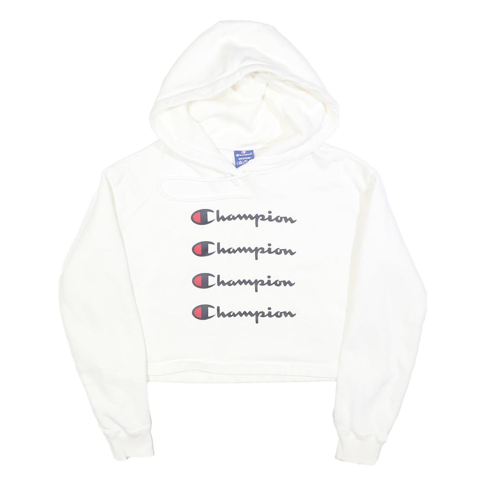 CHAMPION Womens White Crop Hoodie M Cotton Blend Pullover Logo Sweatshirt