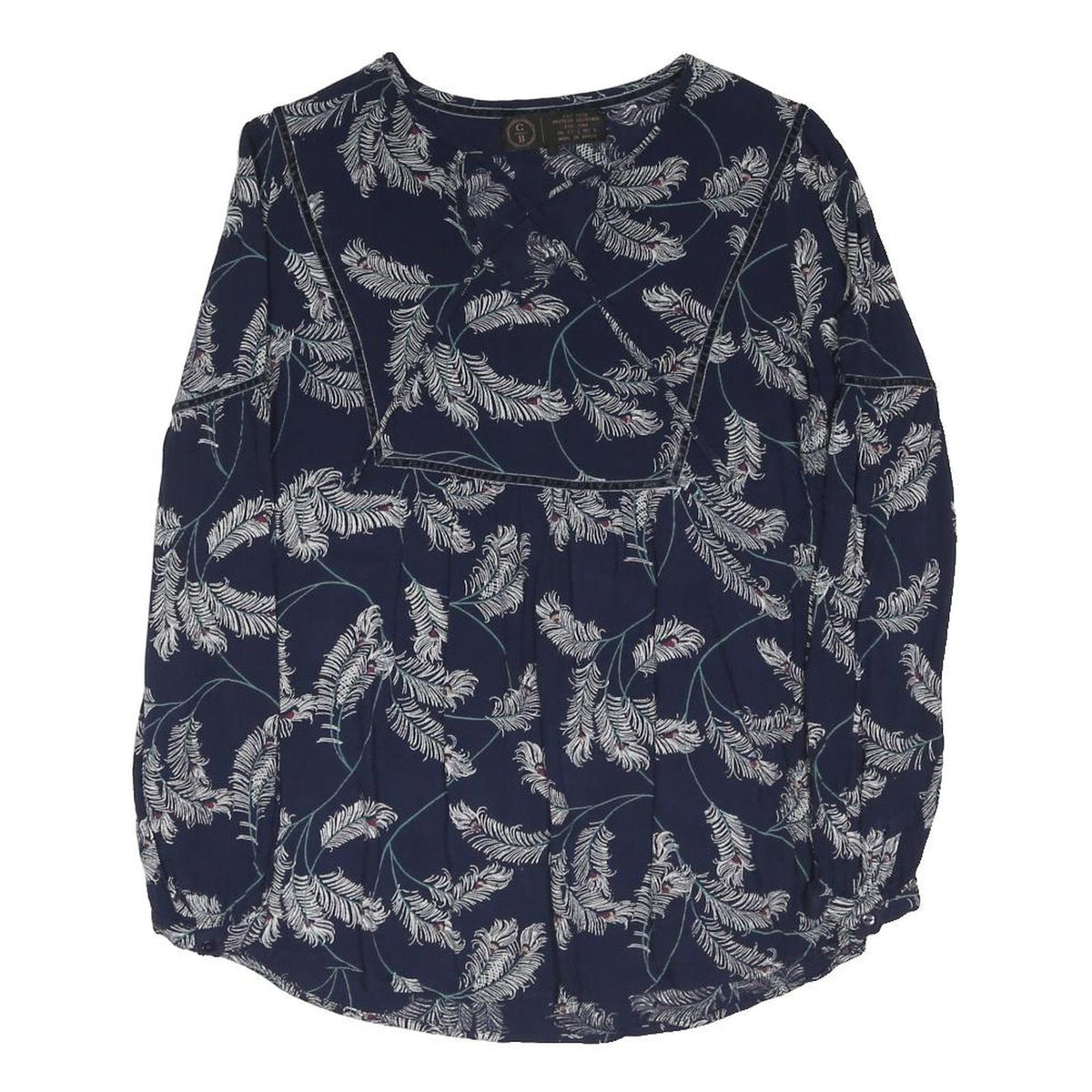 FAT FACE Womens Navy Blue Printed Long Sleeve Round Neck Top UK 12 Cotton Blend