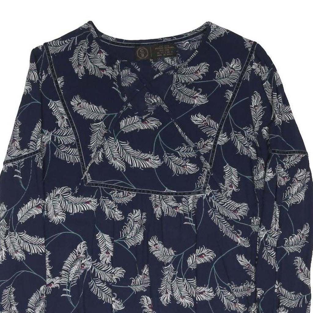 FAT FACE Womens Navy Blue Printed Long Sleeve Round Neck Top UK 12 Cotton Blend