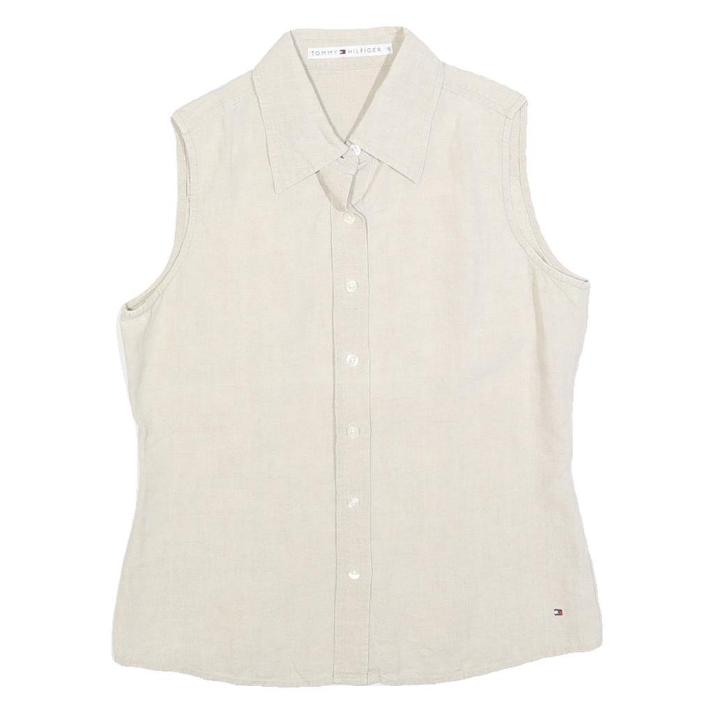 TOMMY HILFIGER Womens Beige Sleeveless Linen Shirt S Classic Casual Summer Top