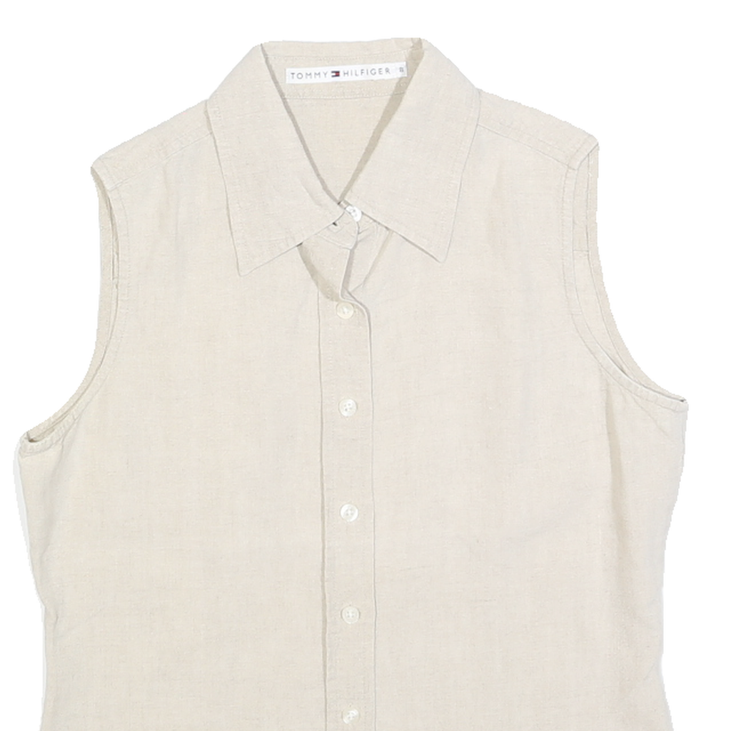 TOMMY HILFIGER Womens Beige Sleeveless Linen Shirt S Classic Casual Summer Top