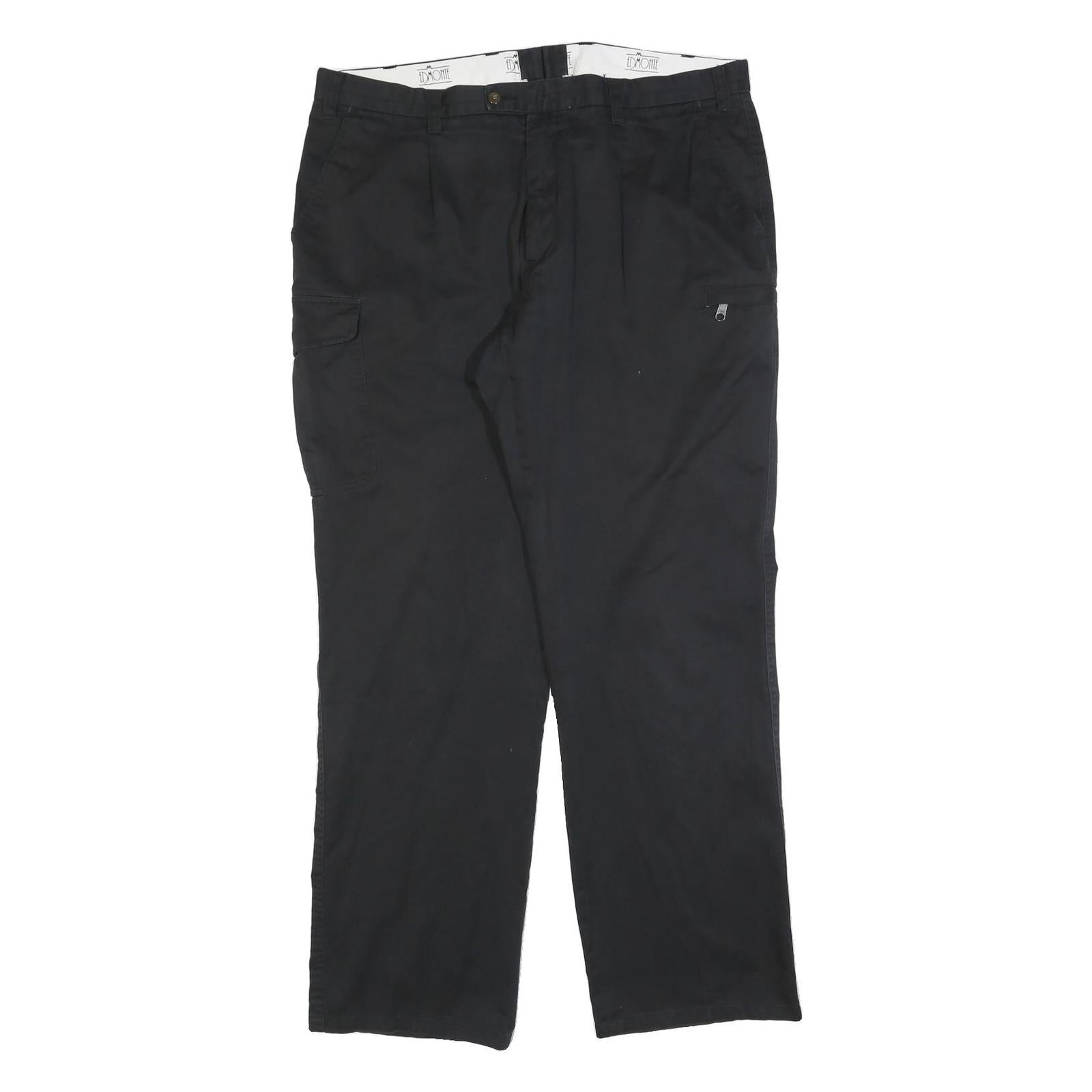 EDMONTE Mens Cotton Blend Black Regular Fit Straight Trousers W40 L32 Casual Zip