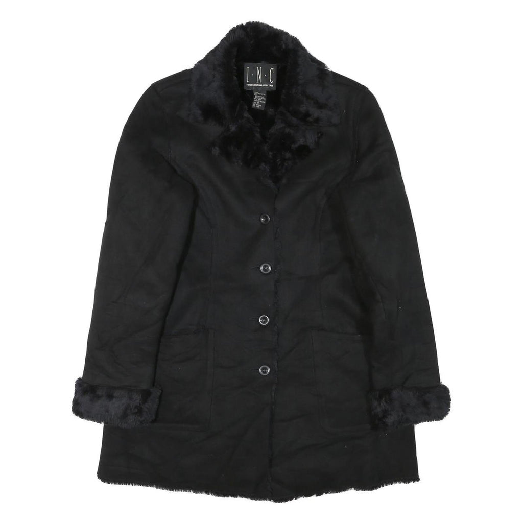 INC Womens Black Faux Fur Collar Button Jacket M Polyester Blend Classic Winter