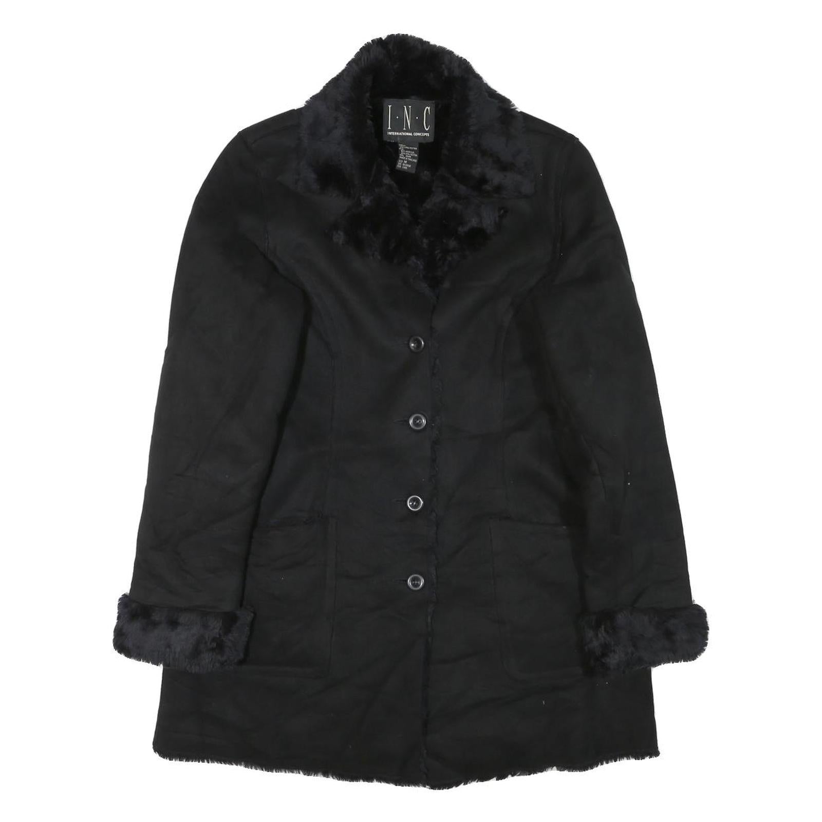 INC Womens Black Faux Fur Collar Button Jacket M Polyester Blend Classic Winter