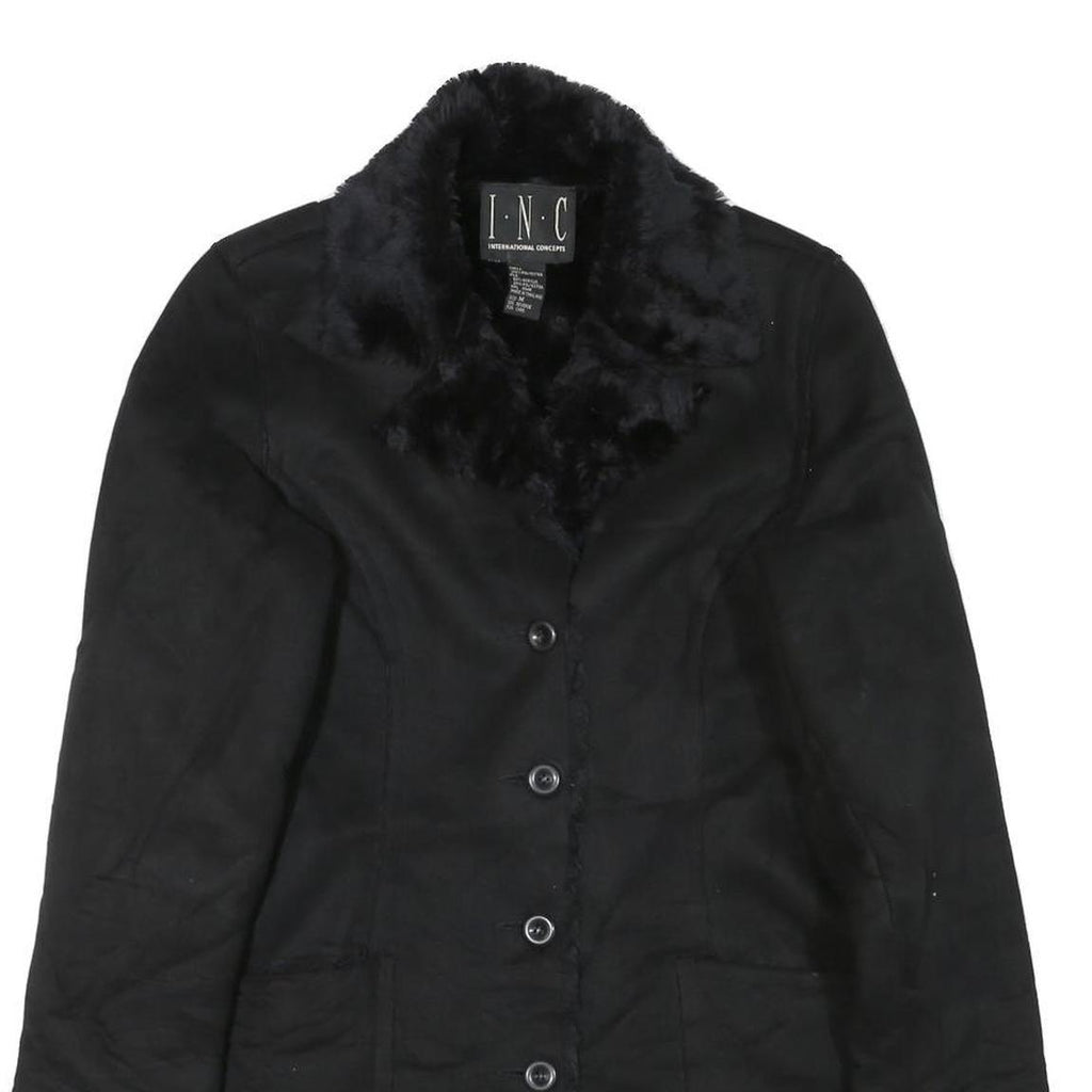 INC Womens Black Faux Fur Collar Button Jacket M Polyester Blend Classic Winter