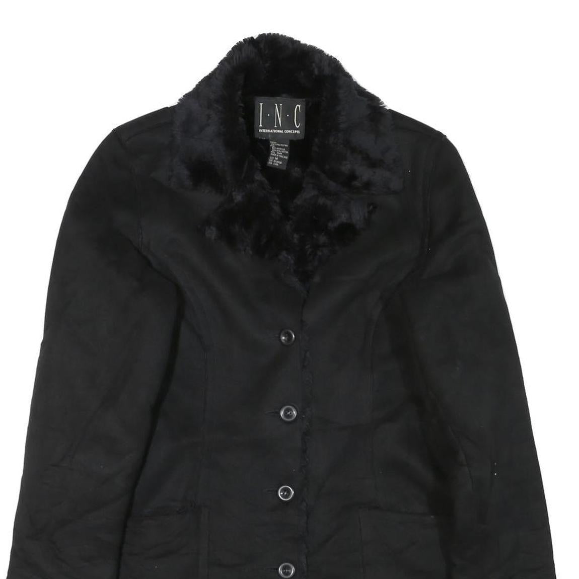 INC Womens Black Faux Fur Collar Button Jacket M Polyester Blend Classic Winter