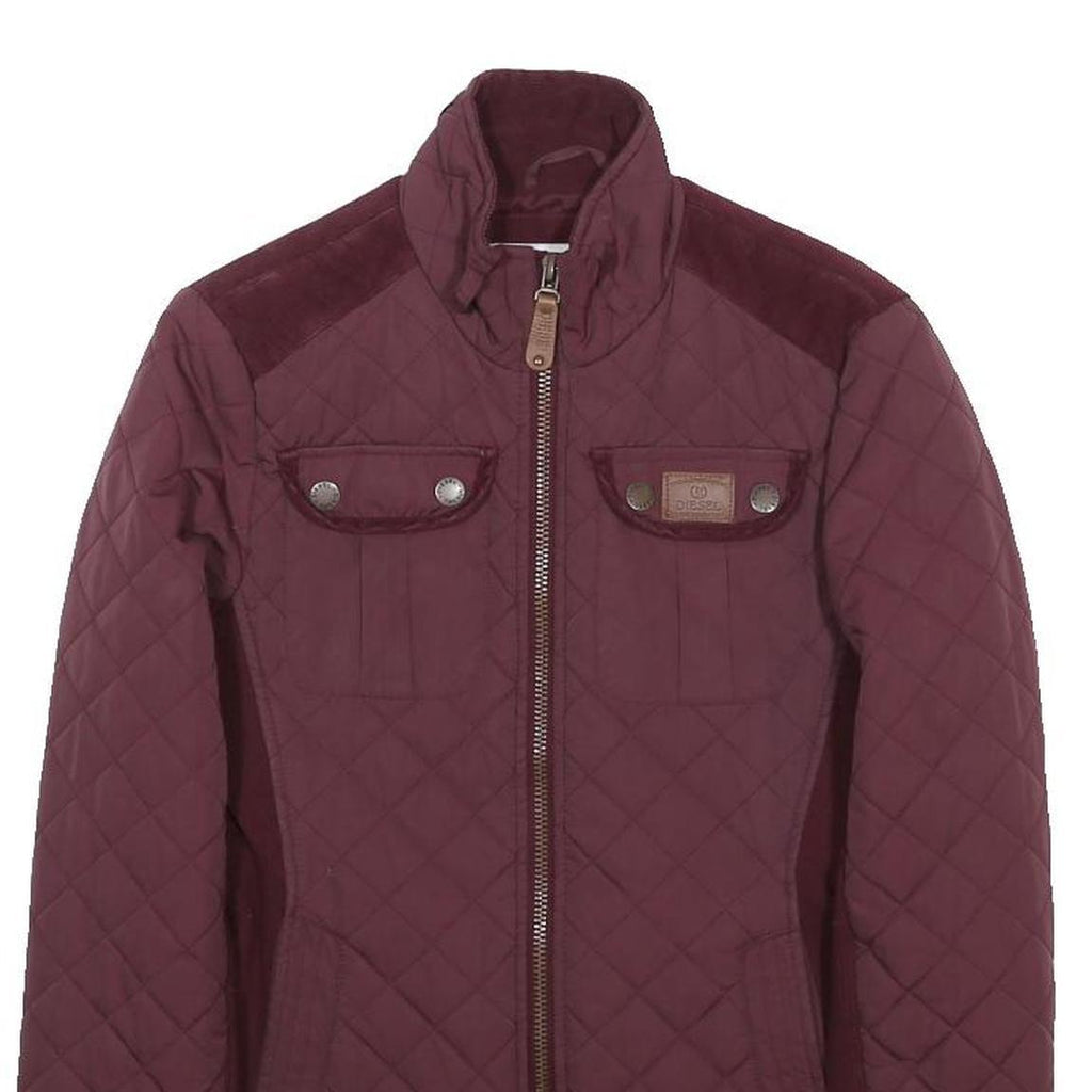 DIESEL Womens Maroon Quilted Jacket S Polyester Blend Zip Front Stylish Comfort