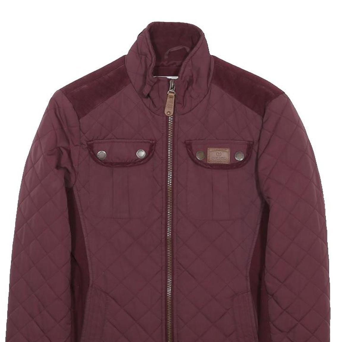 DIESEL Womens Maroon Quilted Jacket S Polyester Blend Zip Front Stylish Comfort