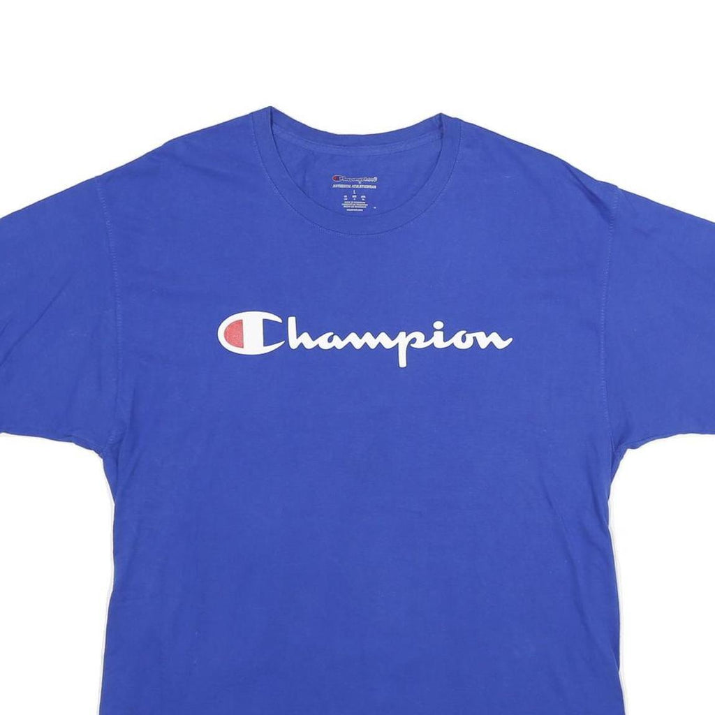 CHAMPION Mens Blue Graphic T-Shirt L Short Sleeve Crew Neck Cotton Logo