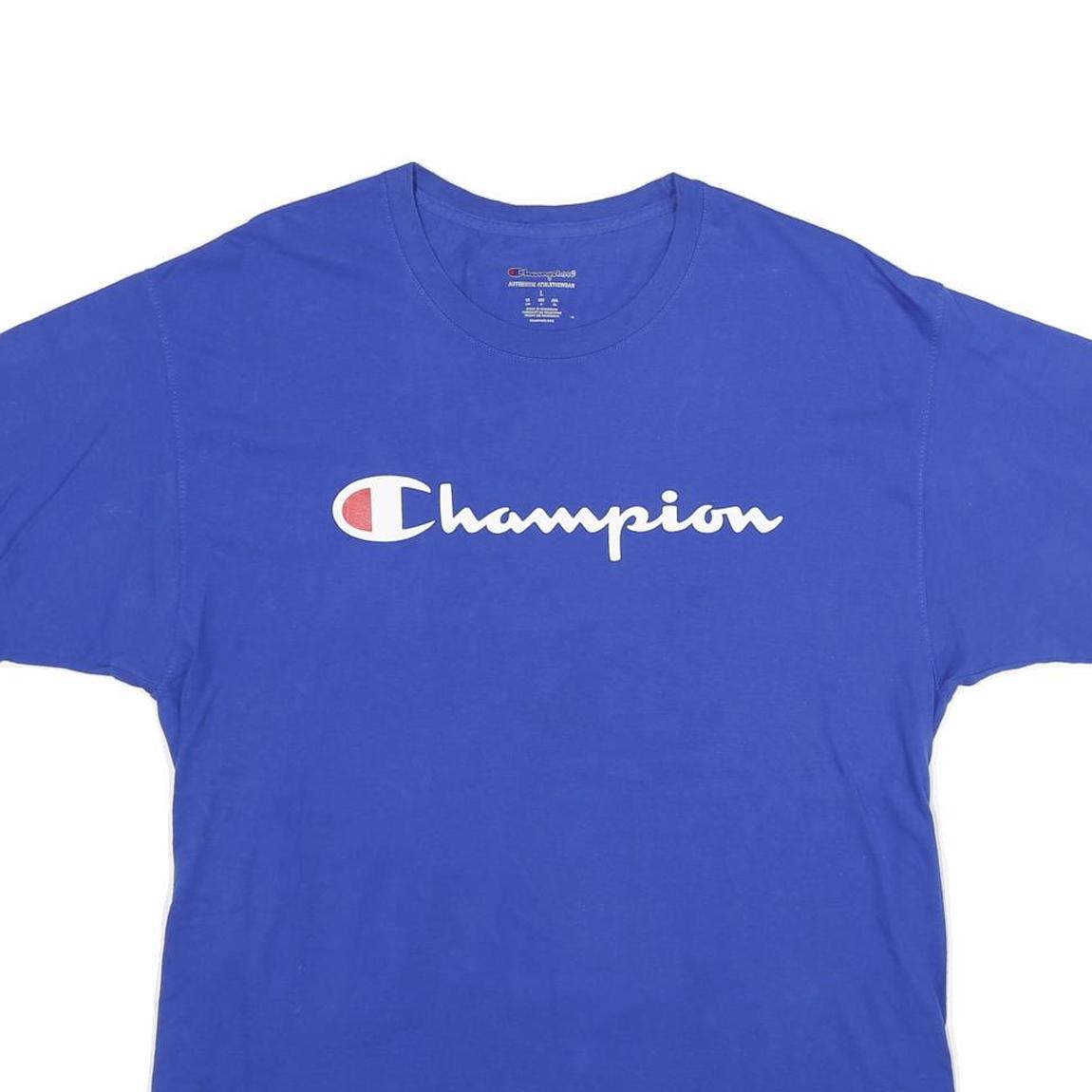 CHAMPION Mens Blue Graphic T-Shirt L Short Sleeve Crew Neck Cotton Logo