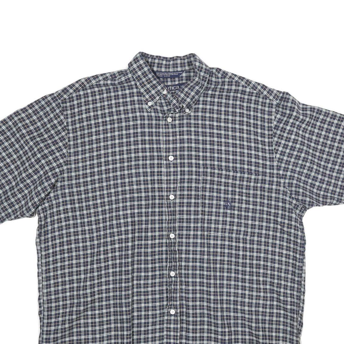 NAUTICA Mens Blue & White Check Cotton Shirt L Button Down Short Sleeve Casual