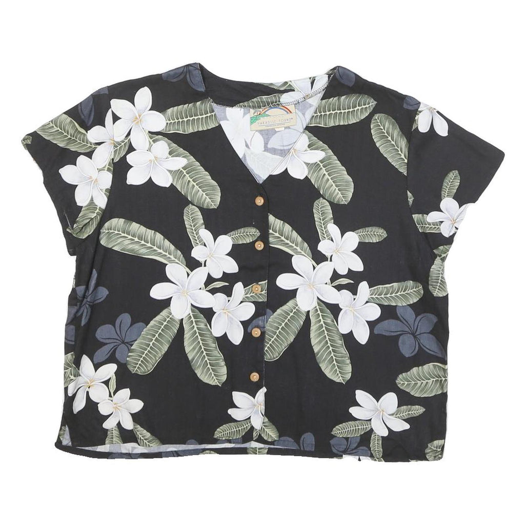 PARADISE FOUND Womens Black White Floral Printed Blouse Short Sleeve V-Neck S