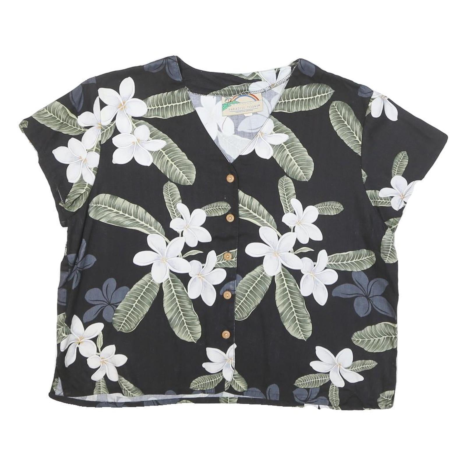 PARADISE FOUND Womens Black White Floral Printed Blouse Short Sleeve V-Neck S
