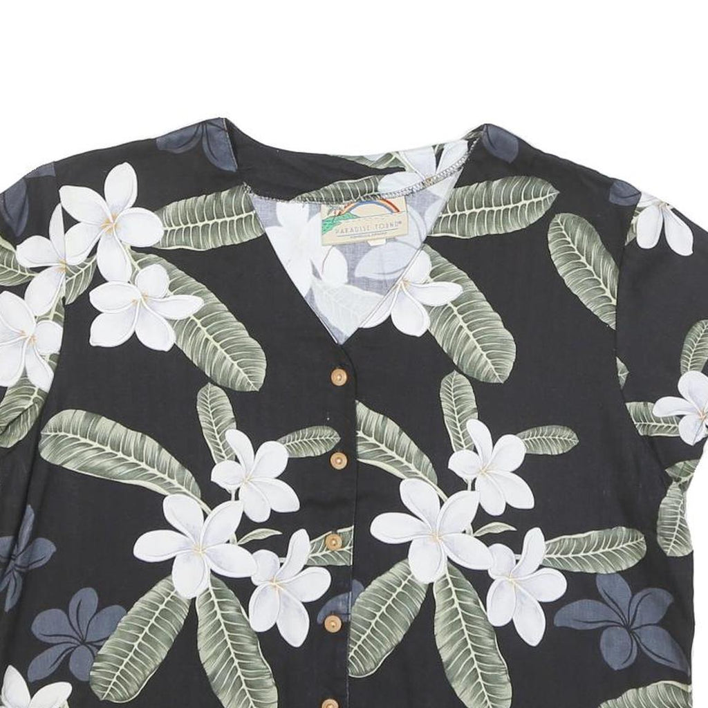 PARADISE FOUND Womens Black White Floral Printed Blouse Short Sleeve V-Neck S