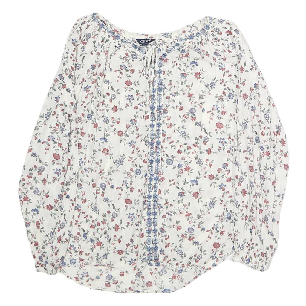 CHAPS Womens White Floral Printed Long Sleeve Peasant Top S Cotton Casual