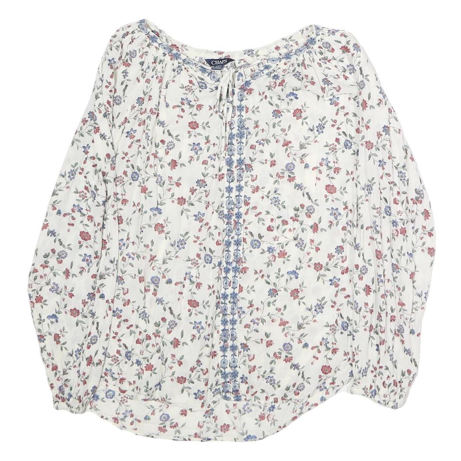 CHAPS Womens White Floral Printed Long Sleeve Peasant Top S Cotton Casual