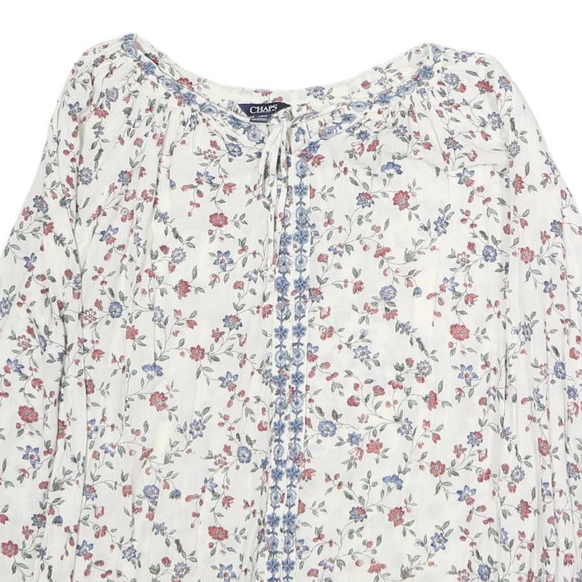 CHAPS Womens White Floral Printed Long Sleeve Peasant Top S Cotton Casual