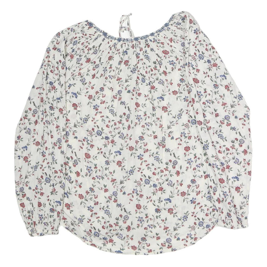 CHAPS Womens White Floral Printed Long Sleeve Peasant Top S Cotton Casual
