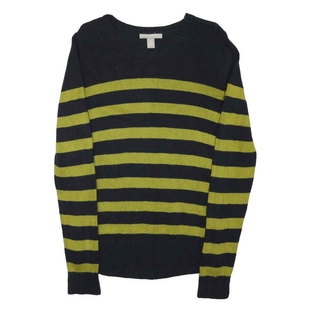 BANANA REPUBLIC Womens Black & Green Striped Plain Crew Neck Basic Knit M Jumper