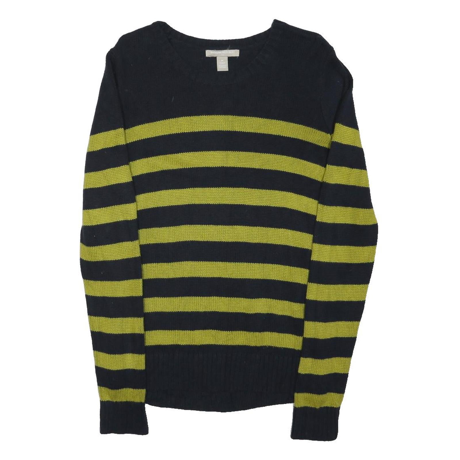 BANANA REPUBLIC Womens Black & Green Striped Plain Crew Neck Basic Knit M Jumper