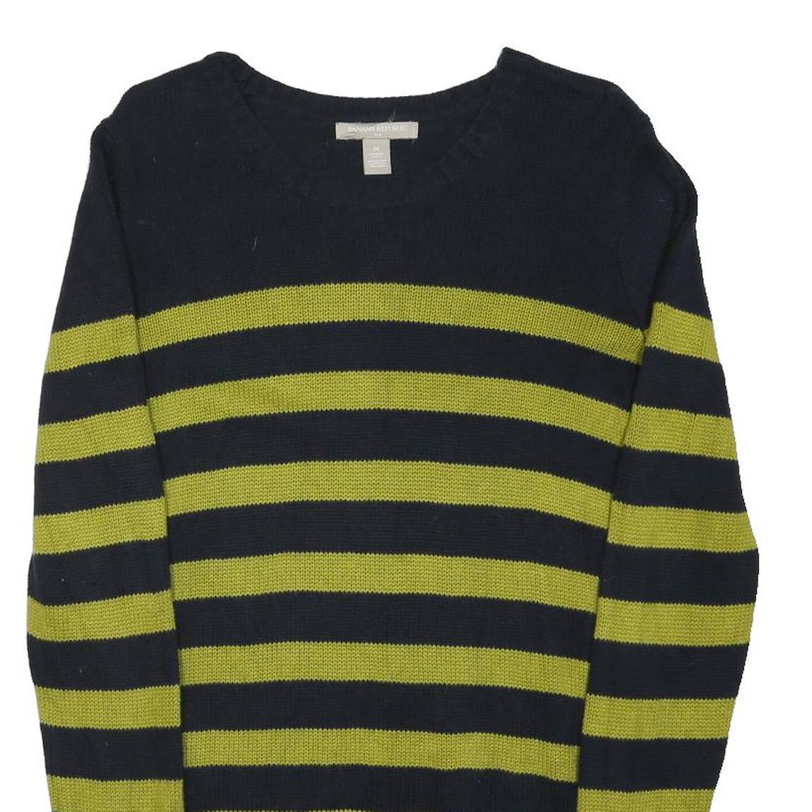 BANANA REPUBLIC Womens Black & Green Striped Plain Crew Neck Basic Knit M Jumper
