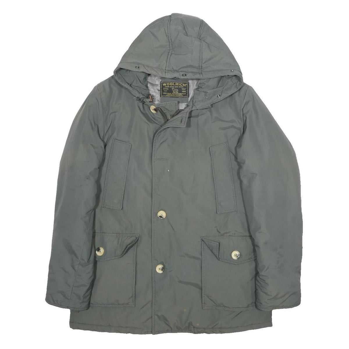 WOOLRICH Womens Green Outdoor Jacket L Nylon Plain Hooded Zip Pocket Relaxed Fit