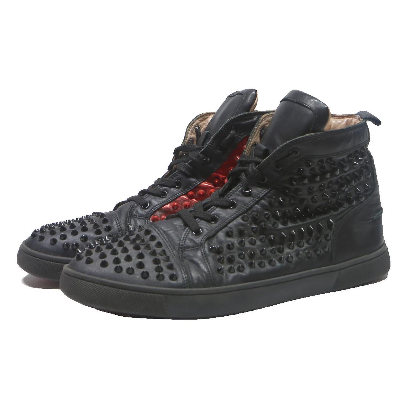 CHRISTIAN LOUBOUTIN Pik Pik Mens Lace-Up Trainers Black Leather UK 9.5 Studded