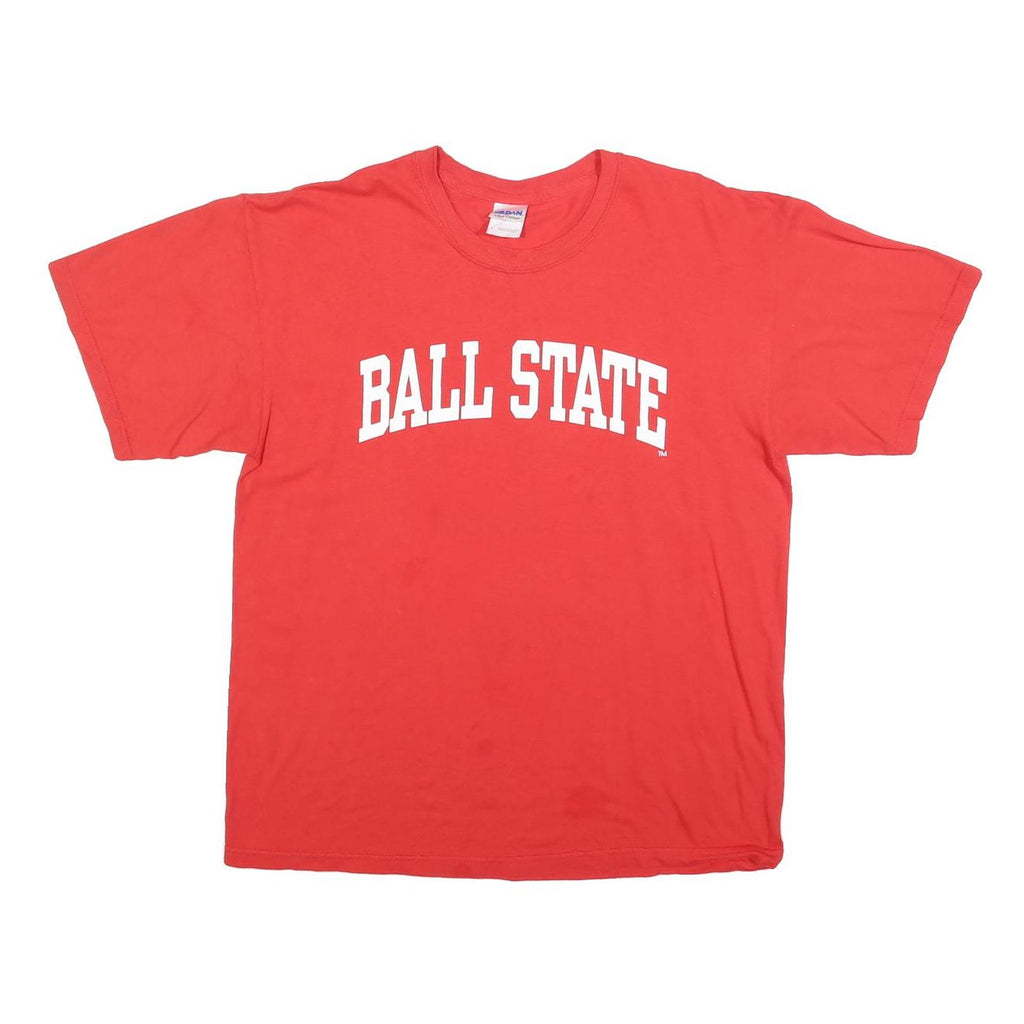 GILDAN Mens Red Ball State Graphic T-Shirt L Short Sleeve Crew Neck Cotton Blend