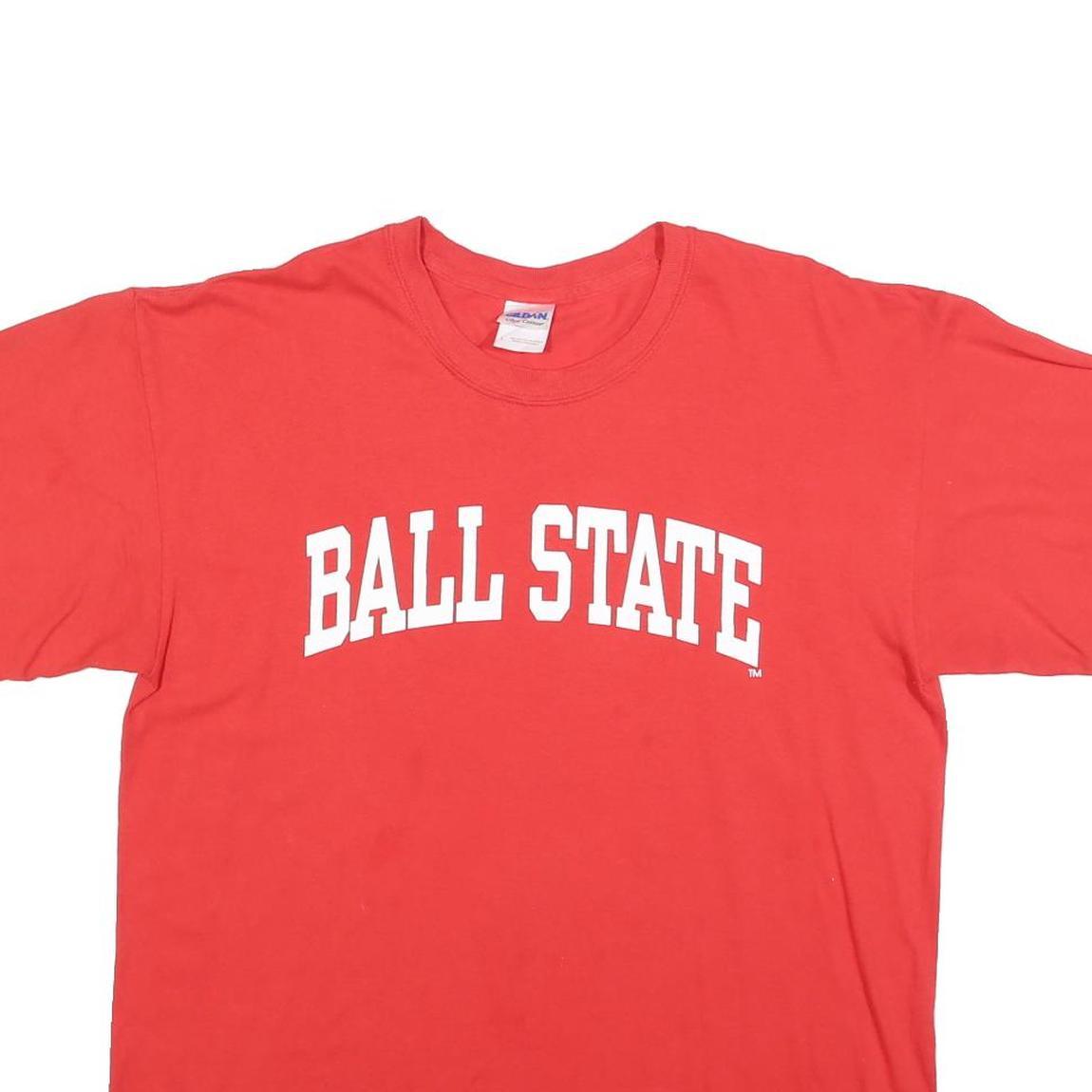 GILDAN Mens Red Ball State Graphic T-Shirt L Short Sleeve Crew Neck Cotton Blend