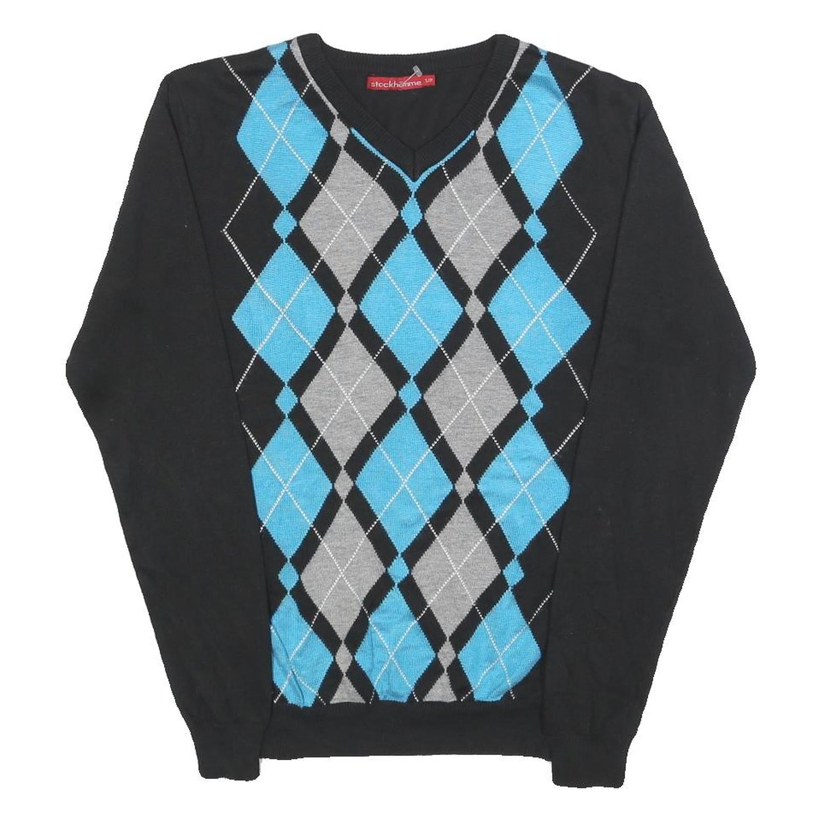 STOCKHOMME Mens Black Blue Grey Patterned V-Neck Basic Knit Jumper S Acrylic
