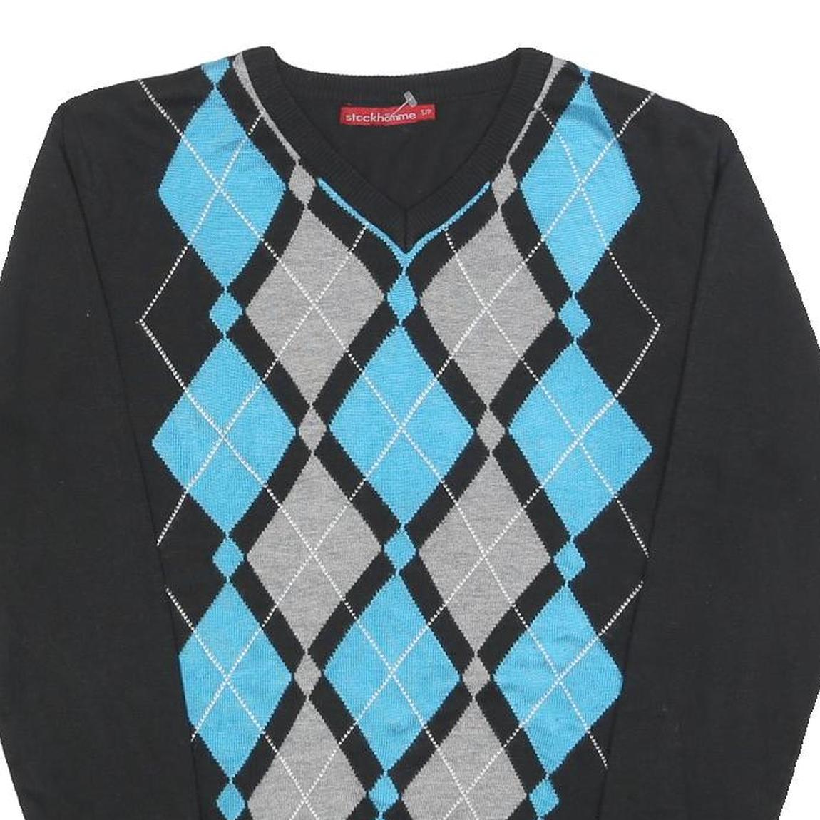 STOCKHOMME Mens Black Blue Grey Patterned V-Neck Basic Knit Jumper S Acrylic