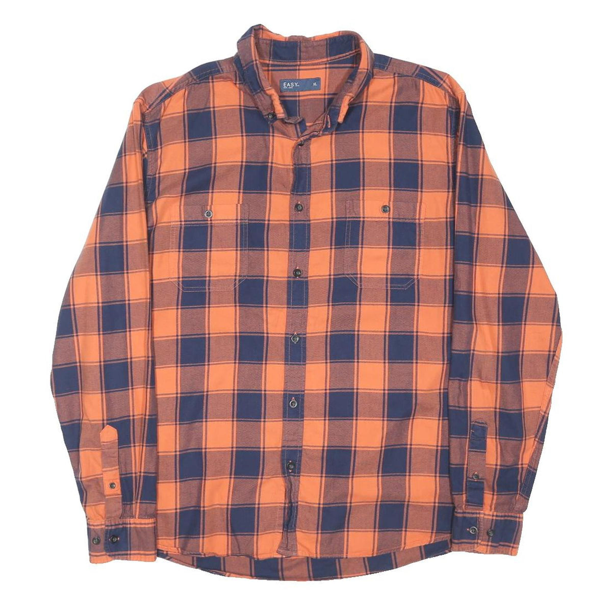 EASY Mens Orange & Navy Check Shirt XL Cotton Blend Casual Long Sleeve