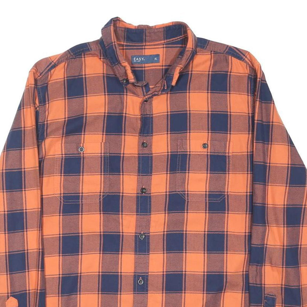 EASY Mens Orange & Navy Check Shirt XL Cotton Blend Casual Long Sleeve