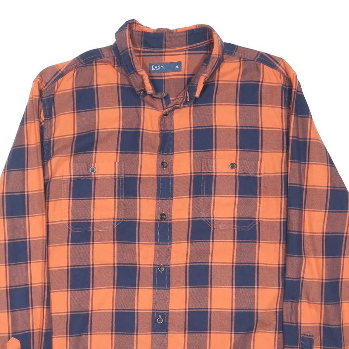 EASY Mens Orange & Navy Check Shirt XL Cotton Blend Casual Long Sleeve