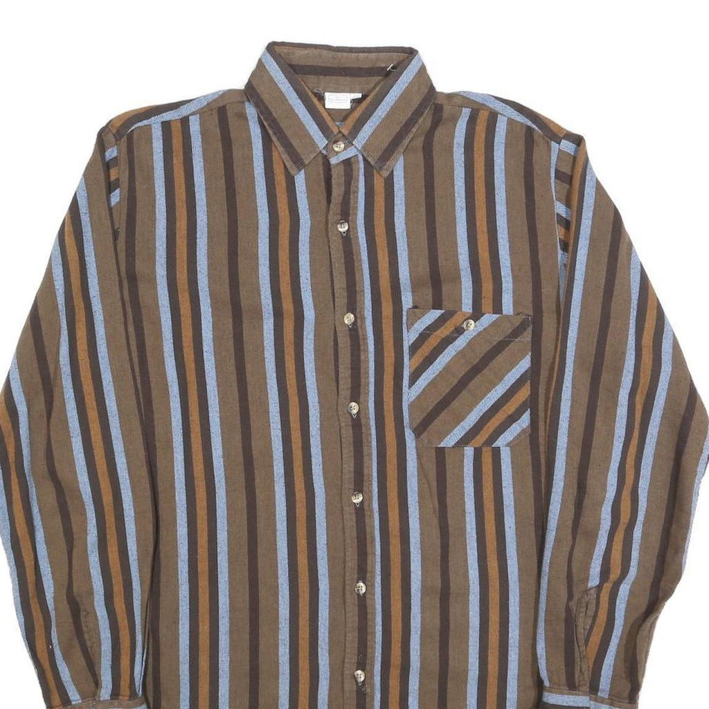 Mens Brown Blue Striped Cotton Shirt L Long Sleeve Button Front Casual