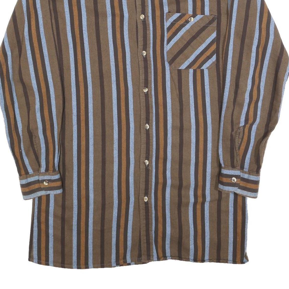Mens Brown Blue Striped Cotton Shirt L Long Sleeve Button Front Casual