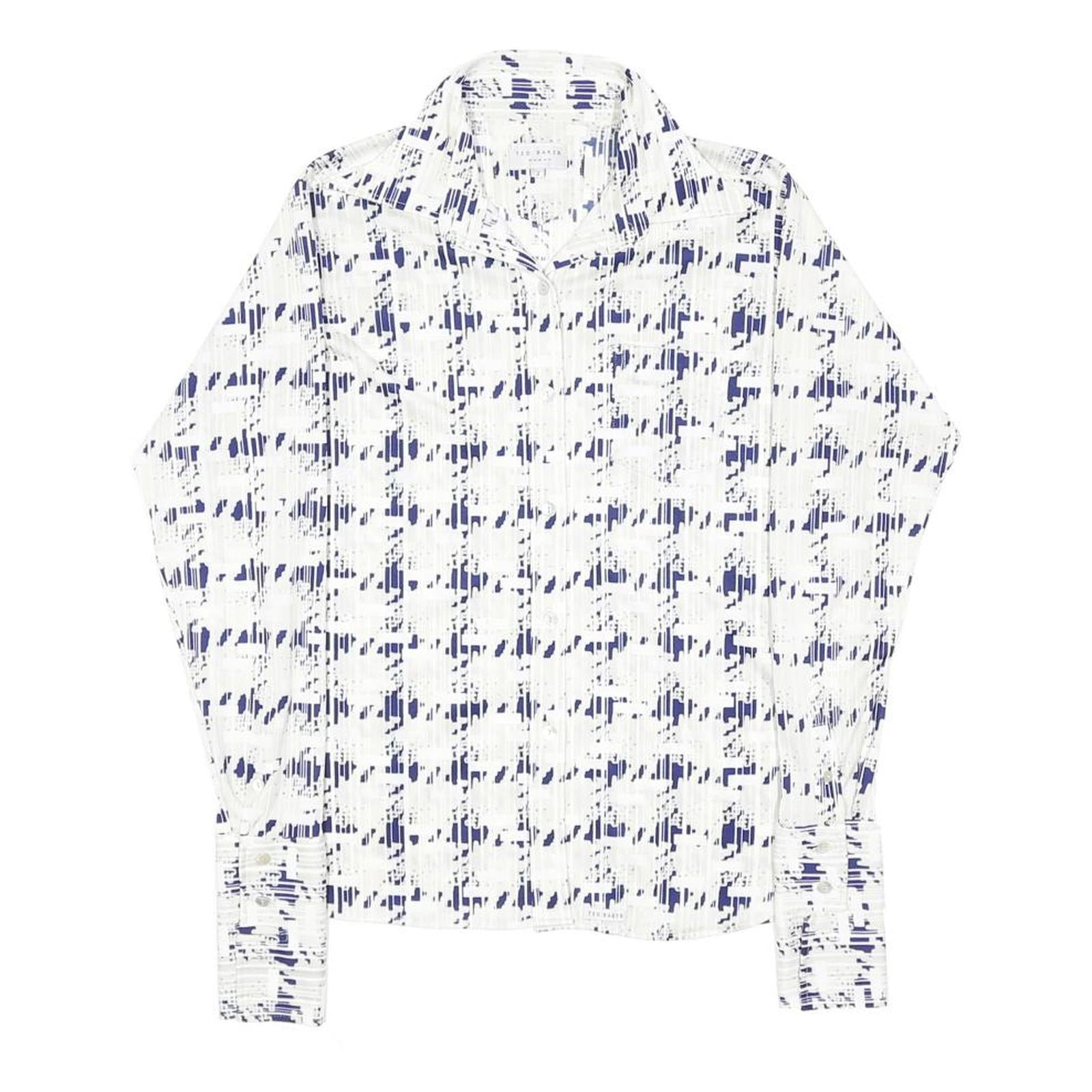 TED BAKER Womens White & Navy Pattern Shirt M Long Sleeve Button Collar Elegant