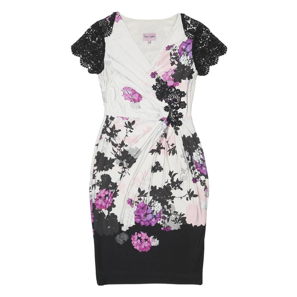 PHASE EIGHT Womens White & Black Floral Pencil Polyester Dress UK 10 Lace Sleeve