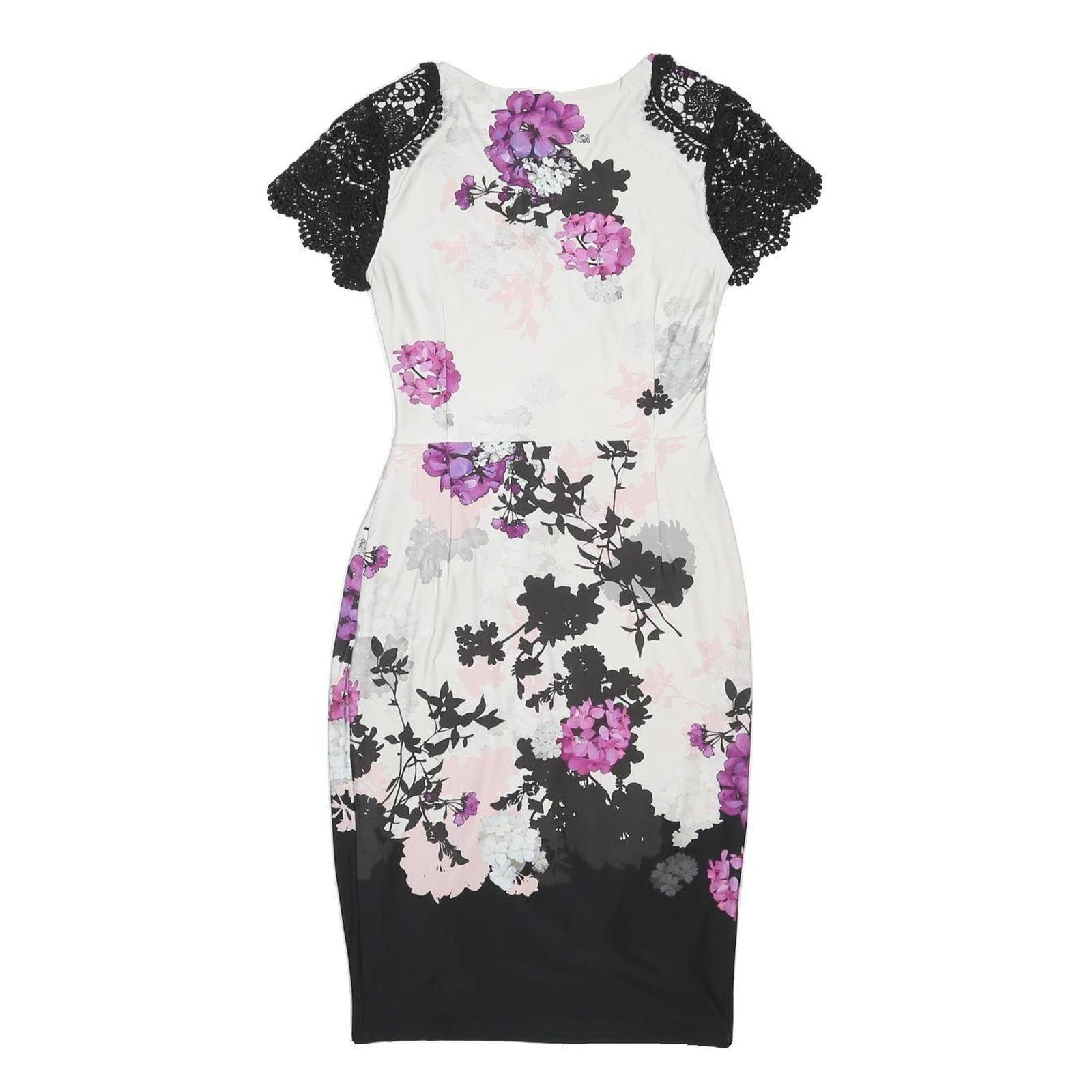 PHASE EIGHT Womens White & Black Floral Pencil Polyester Dress UK 10 Lace Sleeve