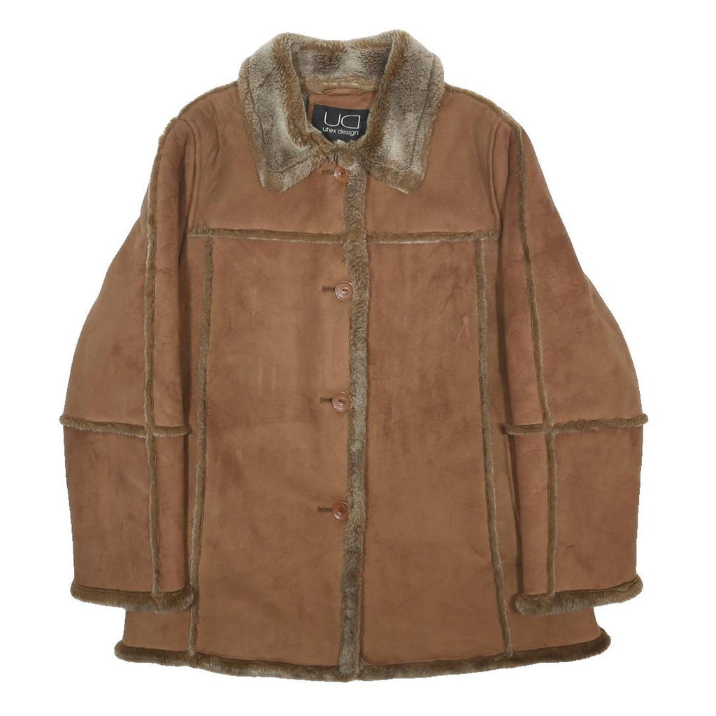 UTEX DESIGN Womens Brown Faux Suede Button Jacket L Acrylic Blend Faux Fur Trim