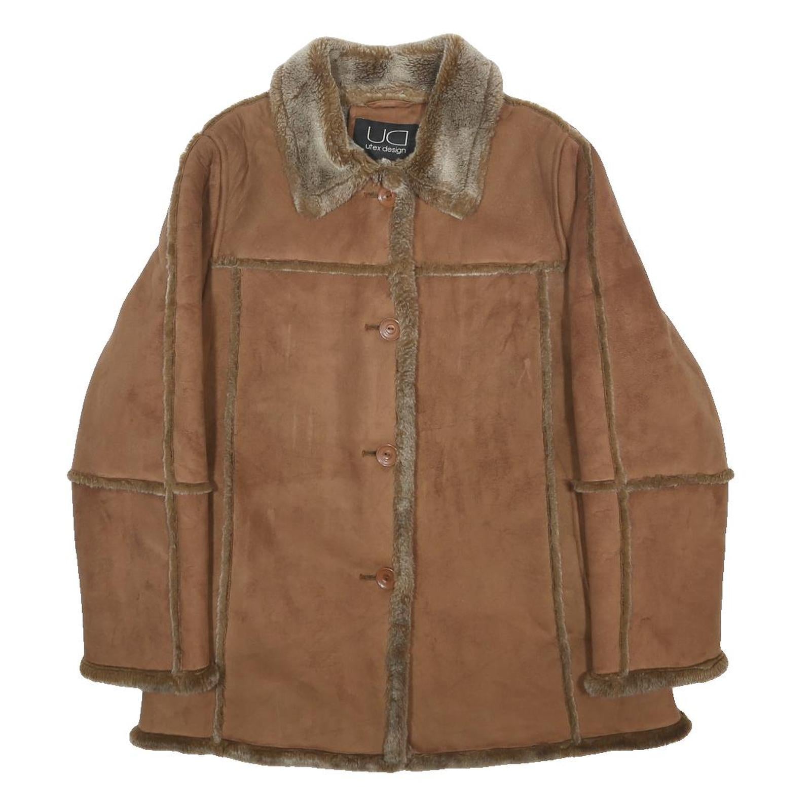 UTEX DESIGN Womens Brown Faux Suede Button Jacket L Acrylic Blend Faux Fur Trim