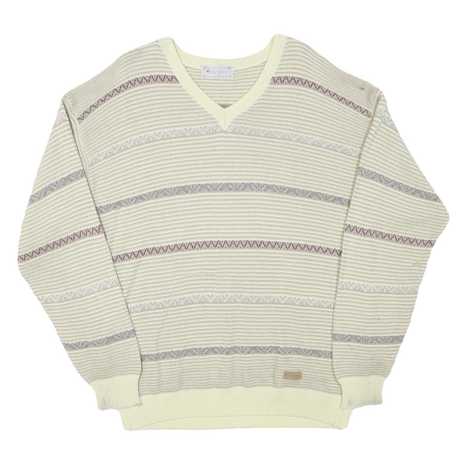 JOCKEY Mens Cream Patterned Acrylic Blend Jumper V-Neck Basic Knit L Casual Wear