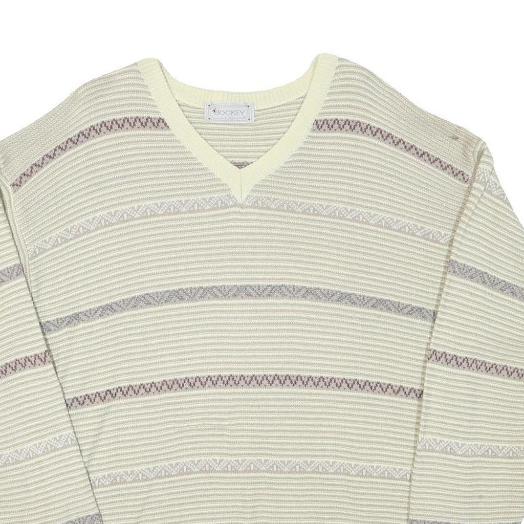 JOCKEY Mens Cream Patterned Acrylic Blend Jumper V-Neck Basic Knit L Casual Wear